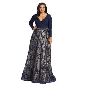 MAC DUGGAL 67241F Two Tone Embellished Wrap Over Long Sleeve Gown Blue 22W NEW